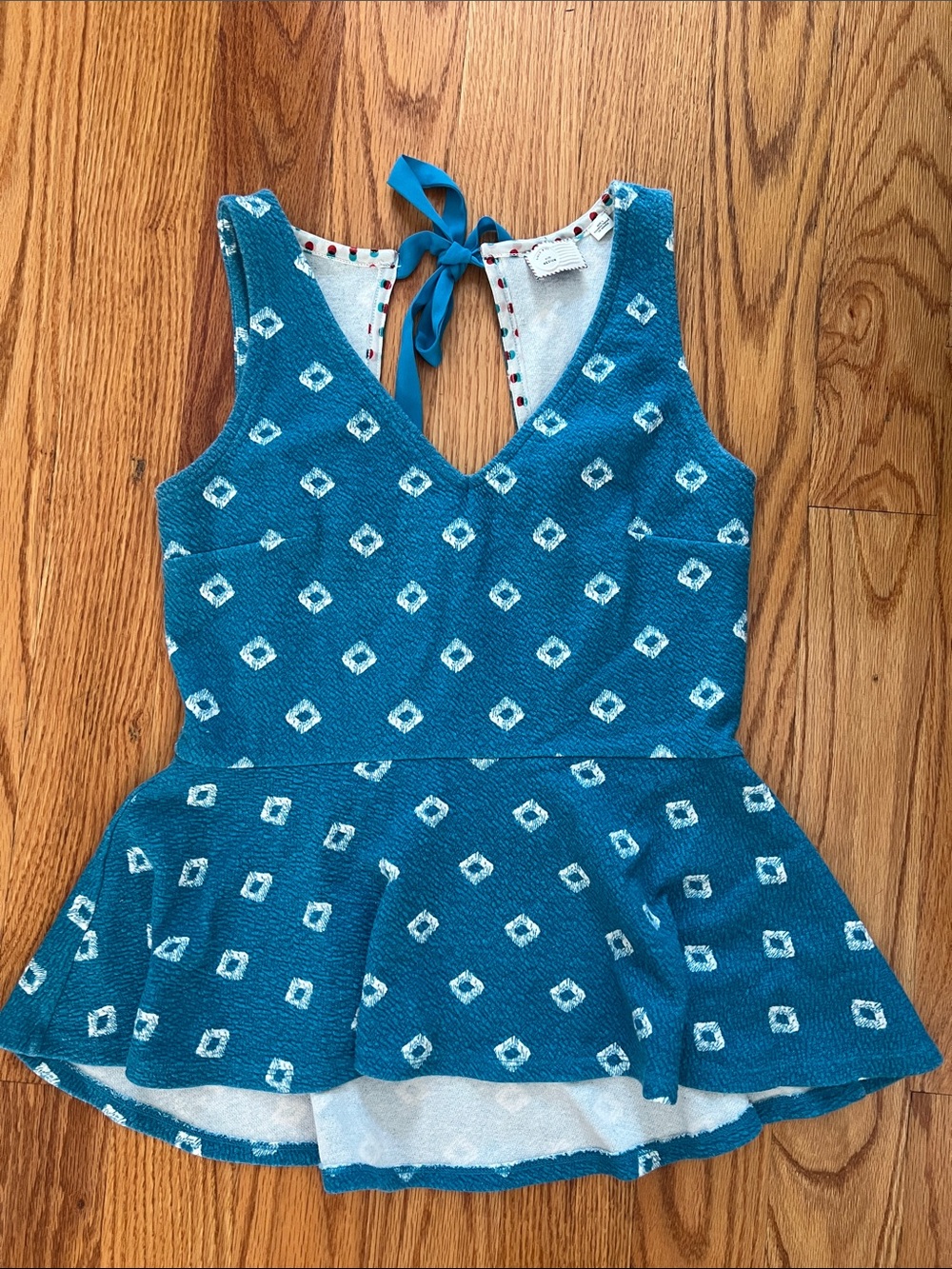 Anthropologie- Teal Diamond Print Peplum Tank Top